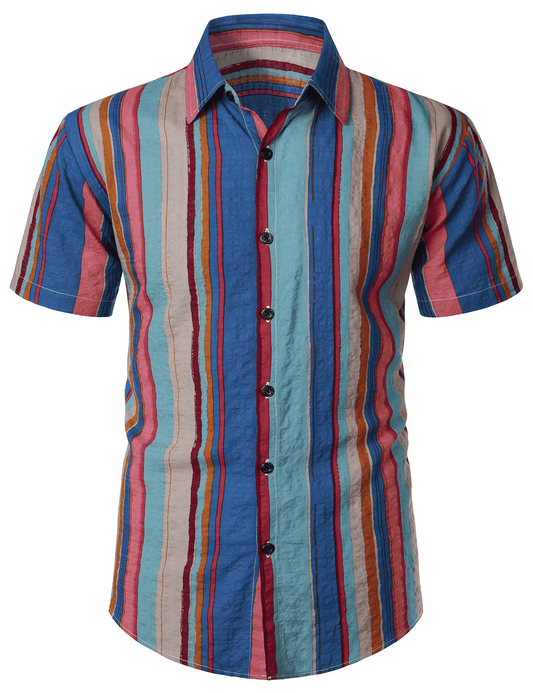 Vertical Striped Holiday Button Short Sleeve Shirt