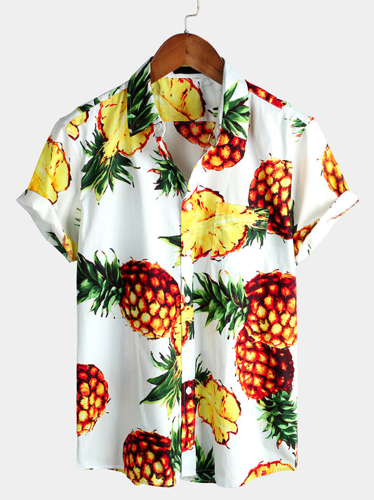 Tropical Pineapple Printed Holiday Cotton Casual Shirt