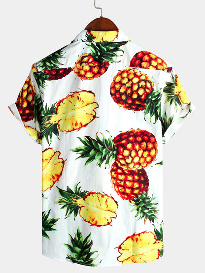 Tropical Pineapple Printed Holiday Cotton Casual Shirt