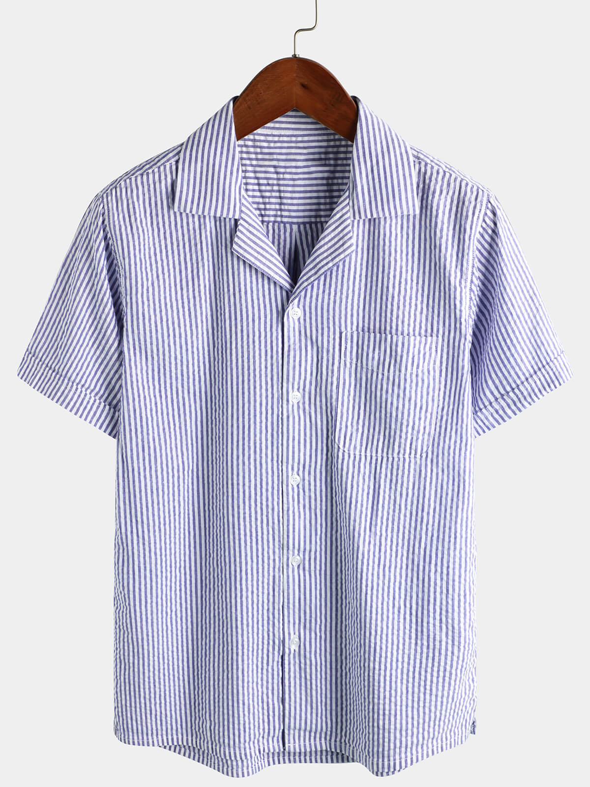 Striped Cotton Blue Summer Button Up Short Sleeve Beach Shirt