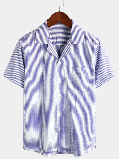 Striped Cotton Blue Summer Button Up Short Sleeve Beach Shirt