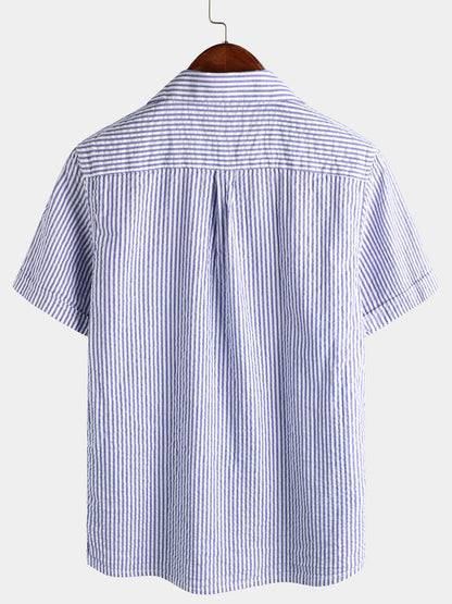 Striped Cotton Blue Summer Button Up Short Sleeve Beach Shirt