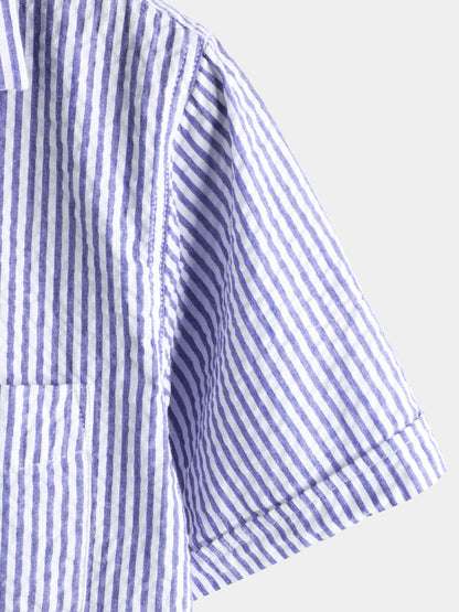 Striped Cotton Blue Summer Button Up Short Sleeve Beach Shirt