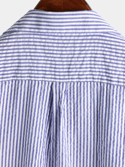 Striped Cotton Blue Summer Button Up Short Sleeve Beach Shirt