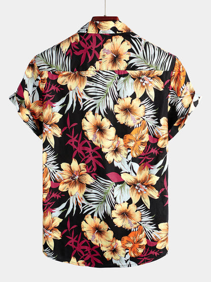 Floral Pattern Hawaiian Cotton Short Sleeve Shirt