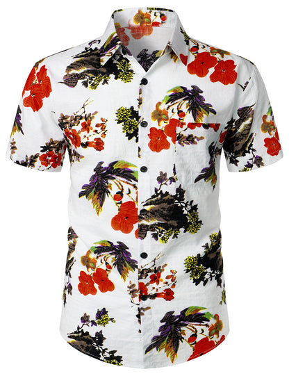 Cotton Pocket Casual Floral Print Short Sleeve Shirt