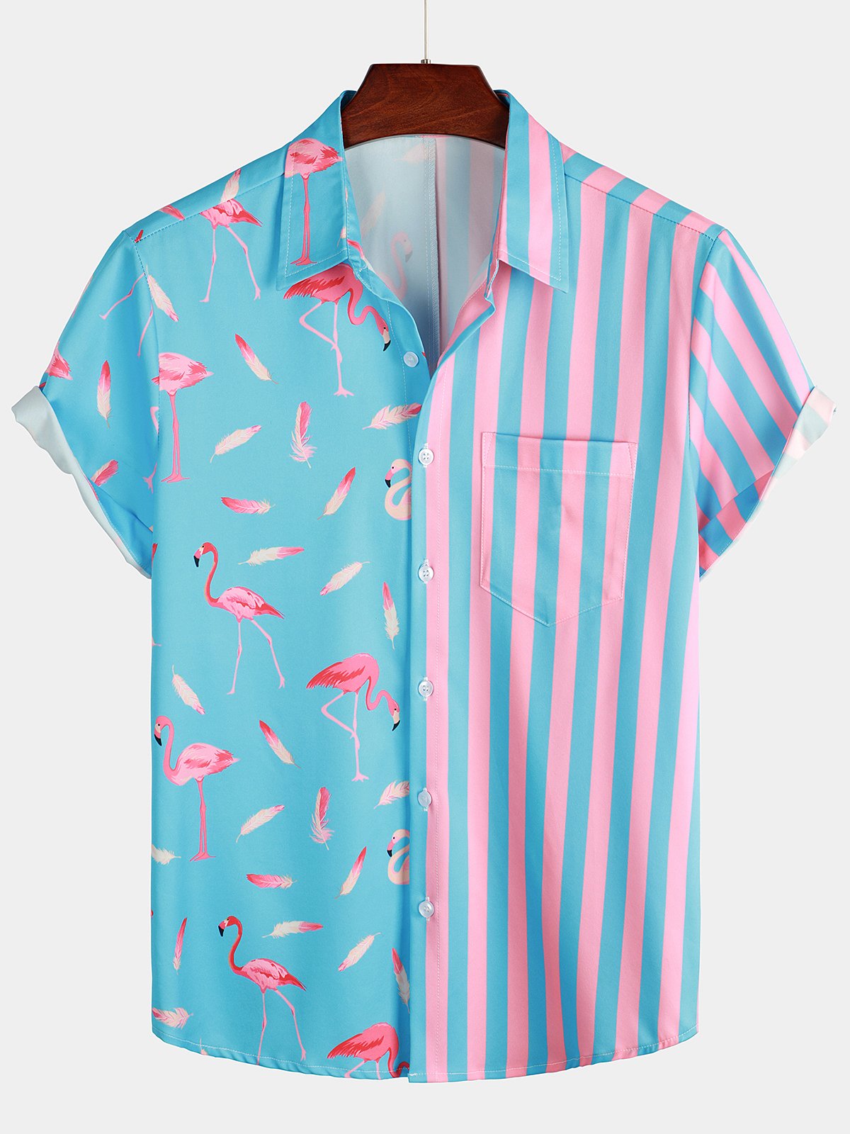 Striped And Flamingo Printed Short Sleeve Shirt