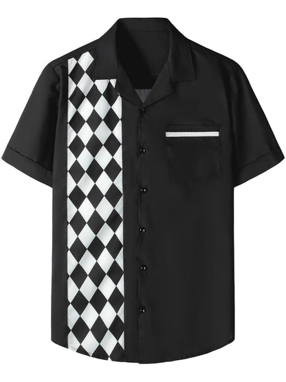 Checkerboard Printed Button Up Short Sleeve Shirt