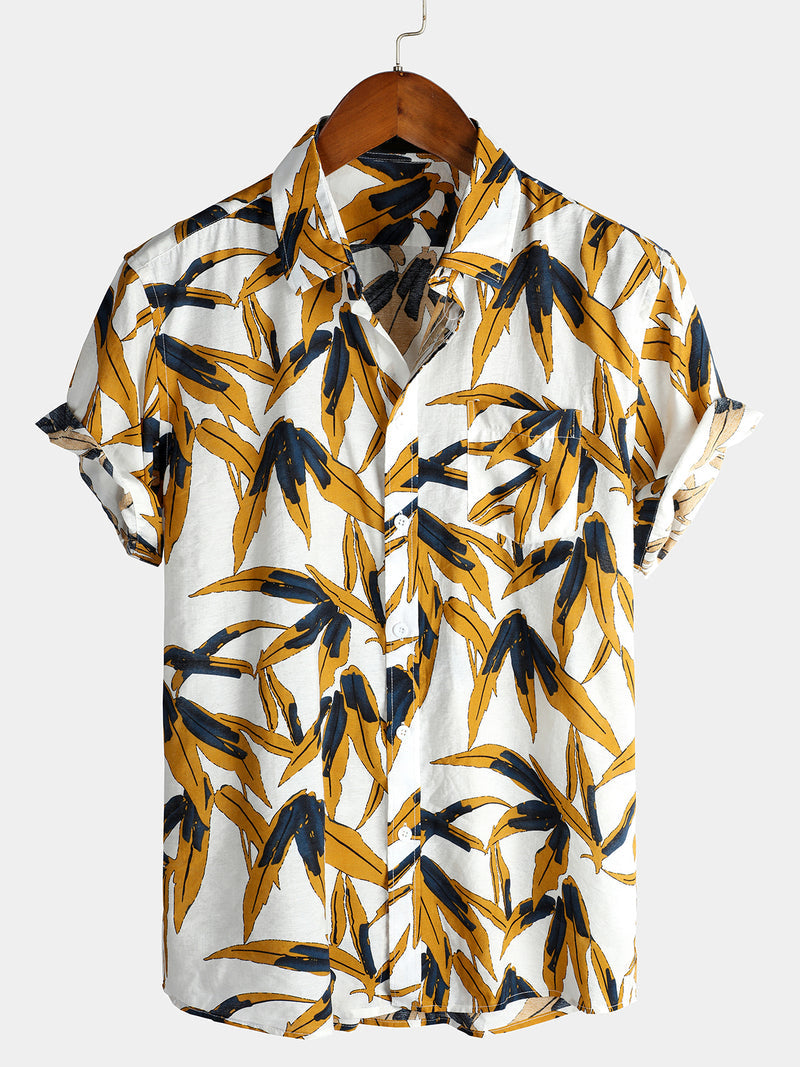 Leaf Printed Pocket Pattern Holiday Cotton Shirt