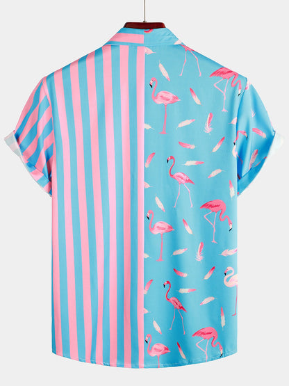 Striped And Flamingo Printed Short Sleeve Shirt