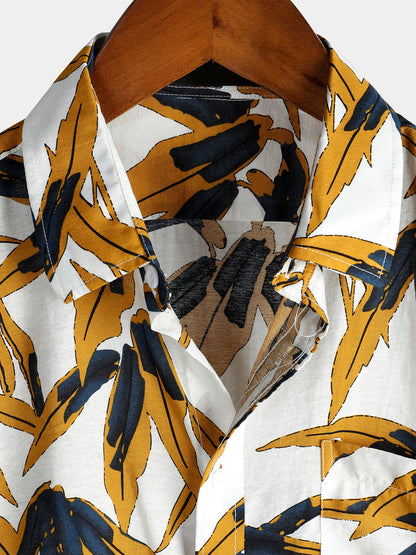 Leaf Printed Pocket Pattern Holiday Cotton Shirt