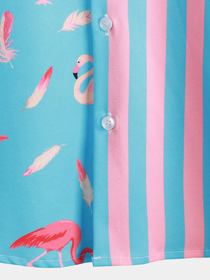 Striped And Flamingo Printed Short Sleeve Shirt