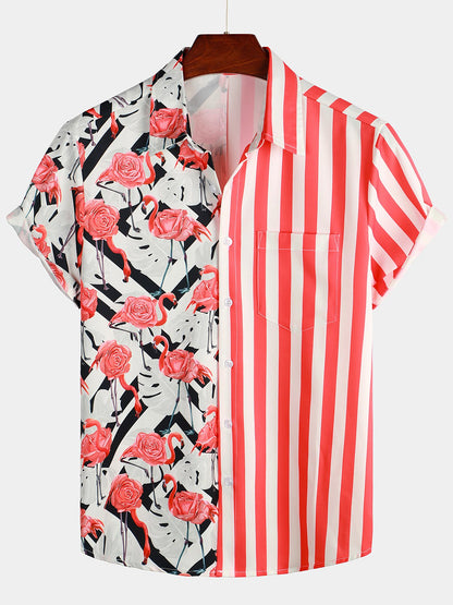 Striped And Flamingo Printed Short Sleeve Shirt