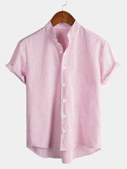 Stand Collar Short Sleeve Striped Shirt