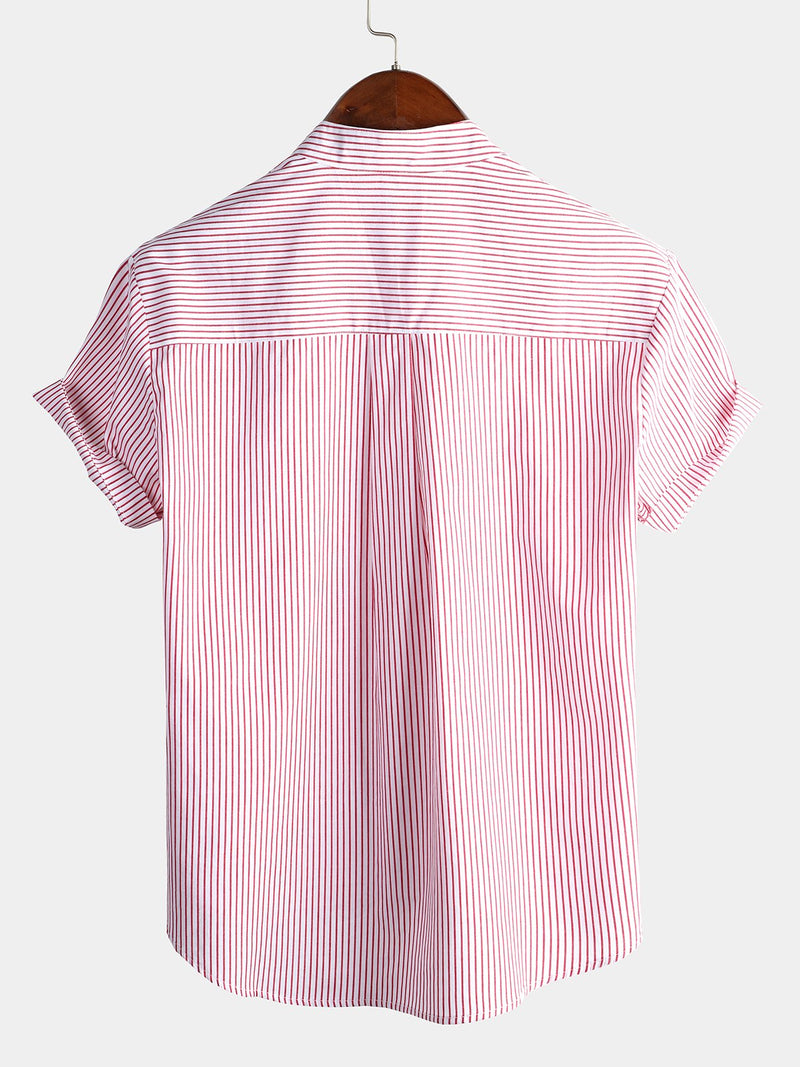 Stand Collar Short Sleeve Striped Shirt