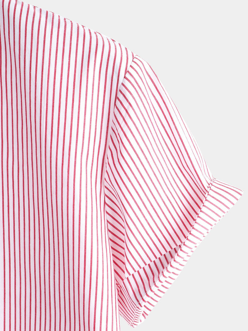 Stand Collar Short Sleeve Striped Shirt