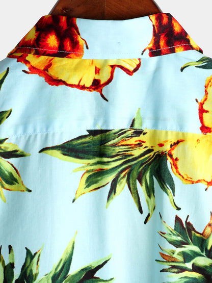 Casual Pineapple Printed Holiday Cotton Pocket Shirt