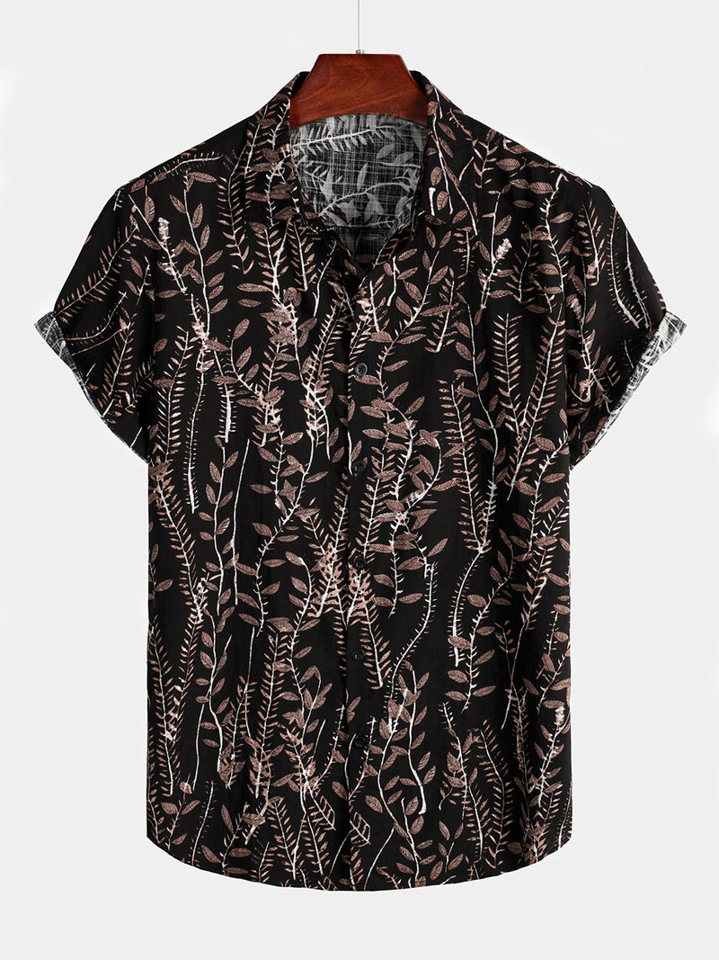 Retro Plant Leaf Black Button Up Shirt