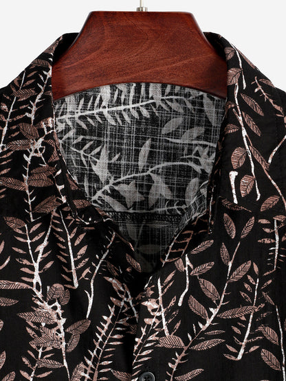 Retro Plant Leaf Black Button Up Shirt