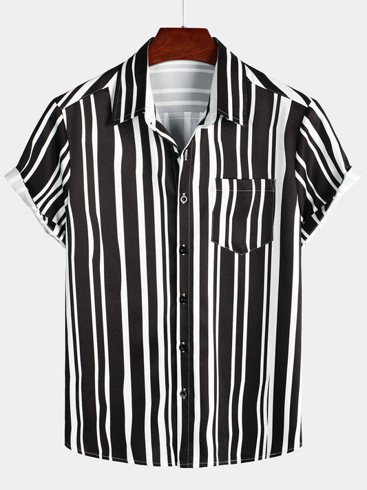 Summer Vertical Striped Pocket Short Sleeve Shirt