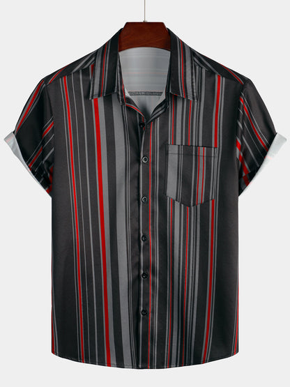 Vertically Striped Pocket Vintage Short Sleeve Shirt