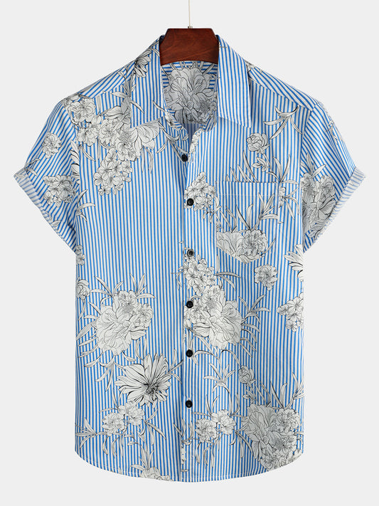 Flower And Striped Pattern Short Sleeve Hawaiian Pocket Shirt