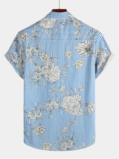 Flower And Striped Pattern Short Sleeve Hawaiian Pocket Shirt