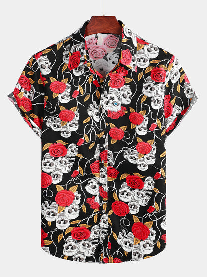 Elegant Rose Print Short Sleeve Shirt