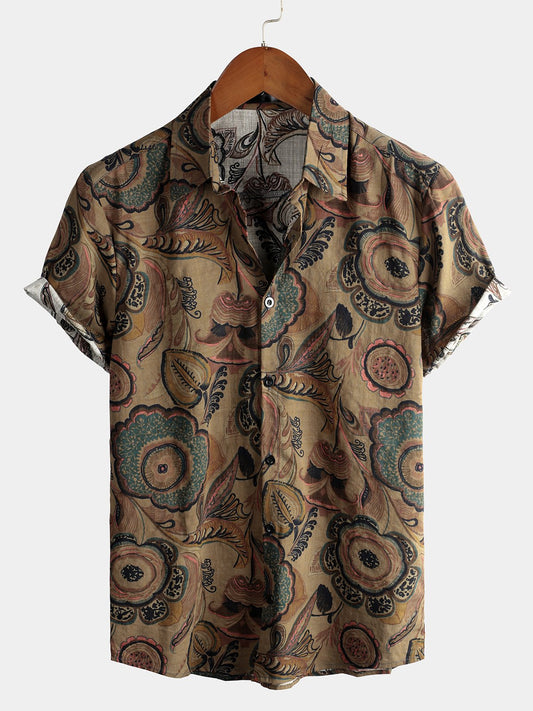 Retro Casual Short Sleeve Cotton Brown Shirt