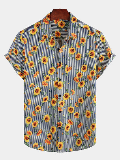 Striped Floral Sunflower Printed Short Sleeve Hawaiian Shirt