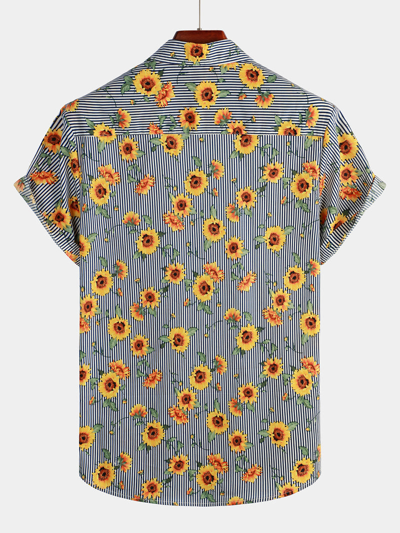 Striped Floral Sunflower Printed Short Sleeve Hawaiian Shirt