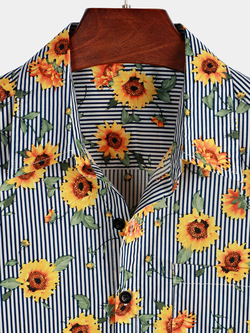 Striped Floral Sunflower Printed Short Sleeve Hawaiian Shirt