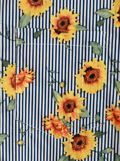 Striped Floral Sunflower Printed Short Sleeve Hawaiian Shirt