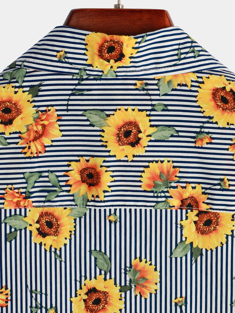 Striped Floral Sunflower Printed Short Sleeve Hawaiian Shirt