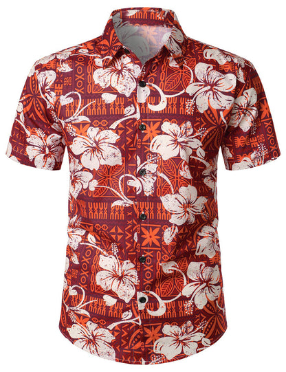 Hawaiian Hibiscus Flower Print Button Up Shirt