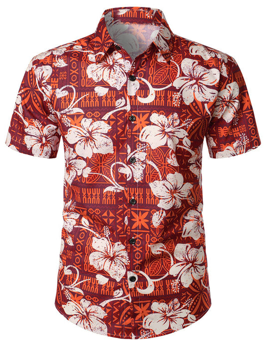 Hawaiian Hibiscus Flower Print Button Up Shirt