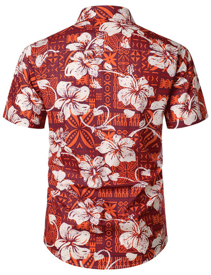 Hawaiian Hibiscus Flower Print Button Up Shirt