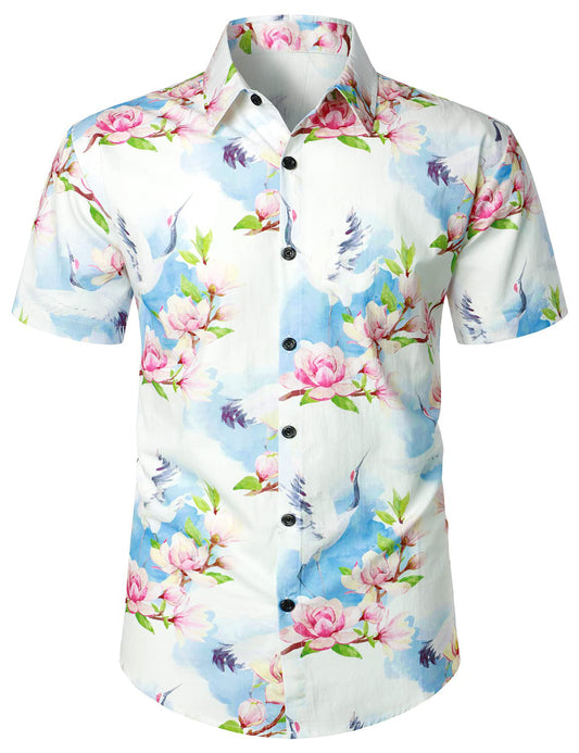 Casual Floral Crane Print Short Sleeve Shirt