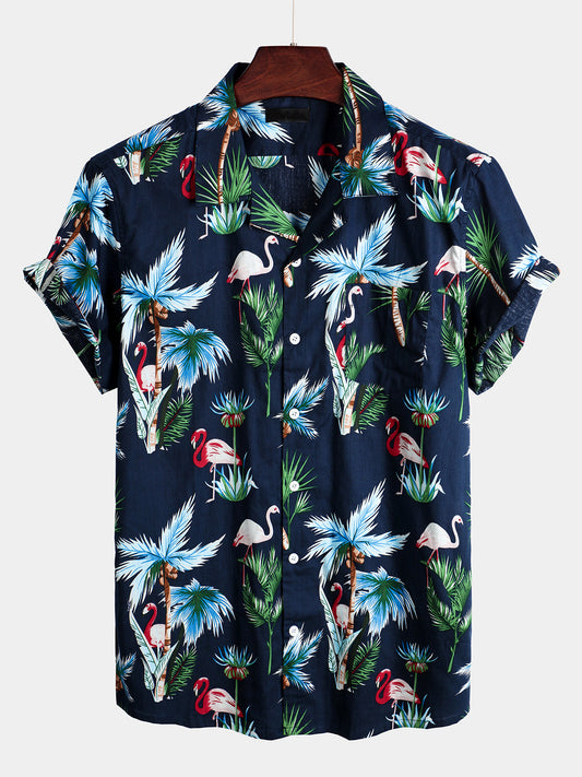 Flamingo Print Cotton Hawaiian Short Sleeve Shirt