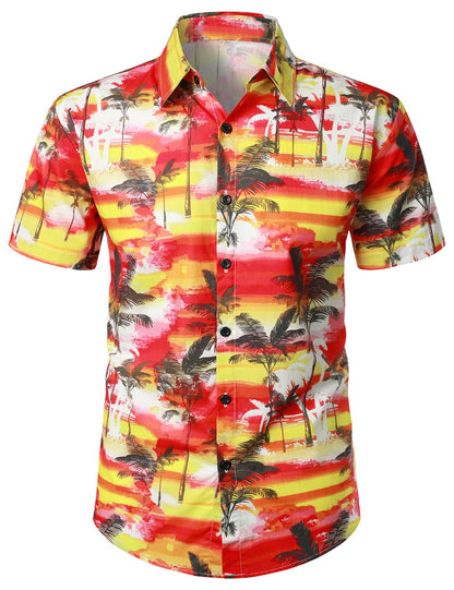 Tree And Floral Pattern Short Sleeve Hawaiian Shirt