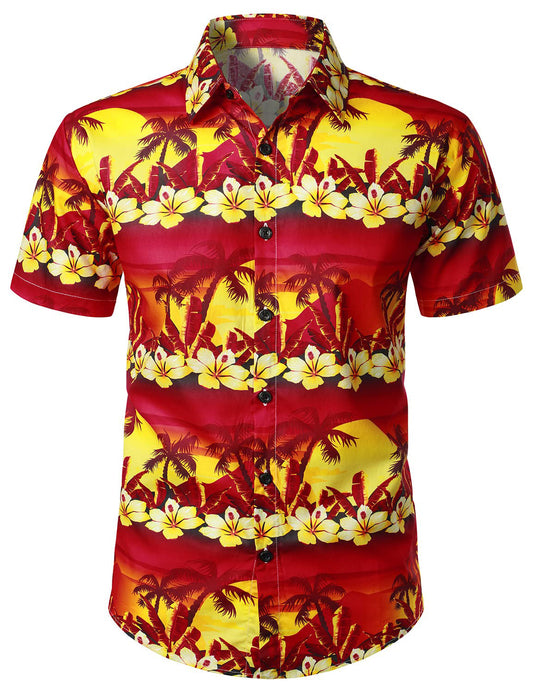 Flower And Tree Print Hawaiian Cotton Short Sleeve Shirt