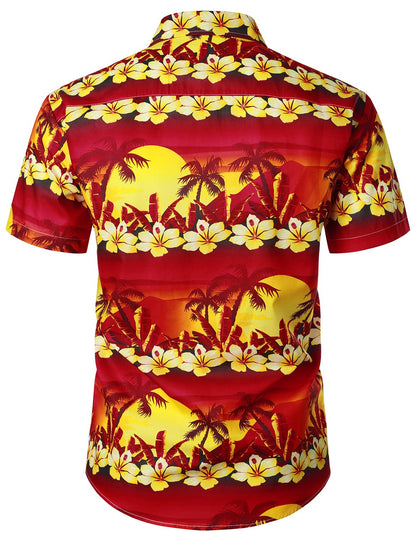 Flower And Tree Print Hawaiian Cotton Short Sleeve Shirt