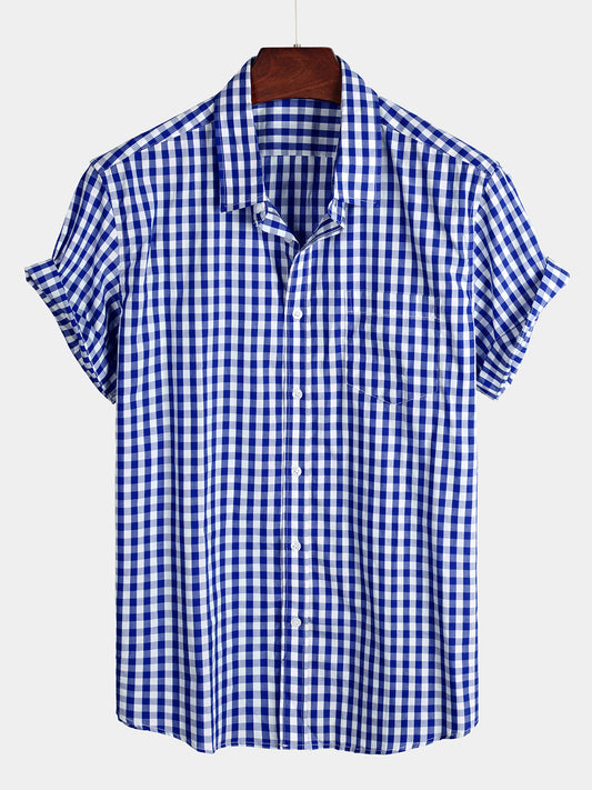 Solid Color Plaid Casual Cotton Pocket Shirt