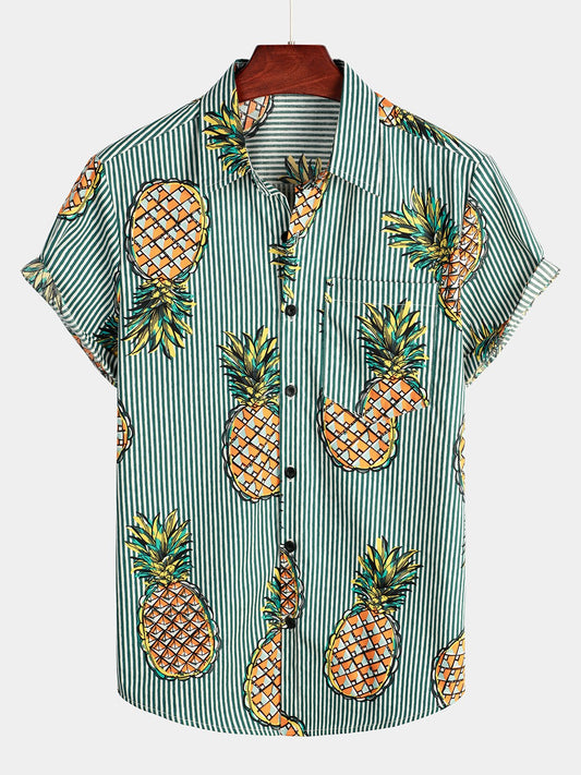 Pineapple Print Pocket Cotton Striped Casual Shirt